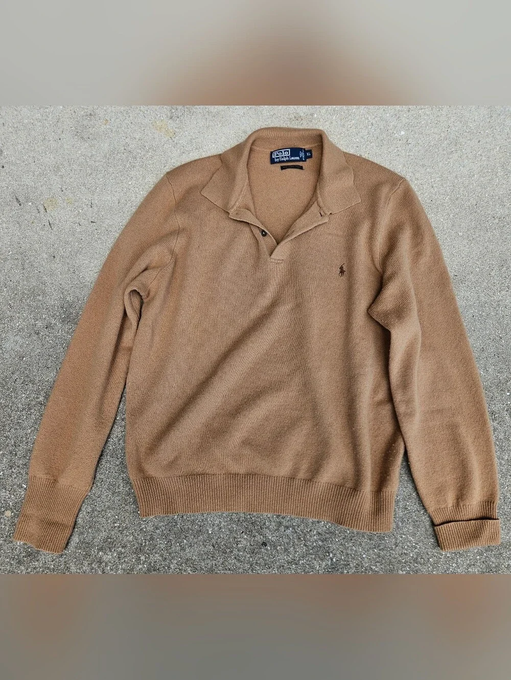 Polo Ralph Lauren Lambswool Sweater Mens XL Beige Italian Yarn Vtg Collared